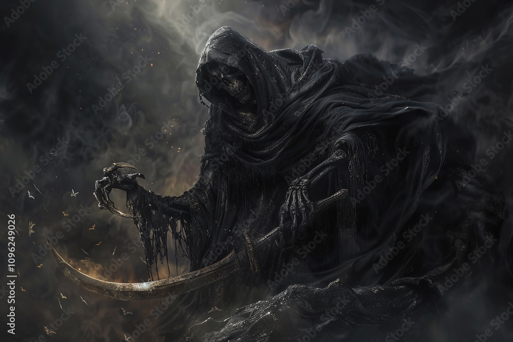 Scary grim reaper with sharp scythe in hell with dramatic background Scary grim reaper with sharp scythe in hell with dramatic background