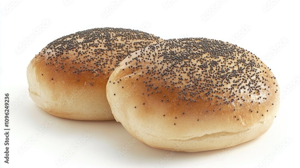 Freshly baked buns topped with poppy seeds, showcasing a golden-brown crust and soft, fluffy interior, set against a clean white background for a minimalist appeal. Freshly baked buns topped with poppy seeds, showcasing a golden-brown crust and soft, fluffy interior, set against a clean white background for a minimalist appeal.