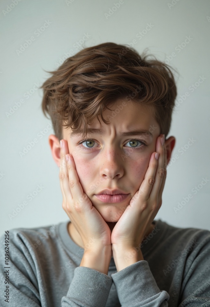 Pensive youth with hands on face, expressing contemplation Pensive youth with hands on face, expressing contemplation