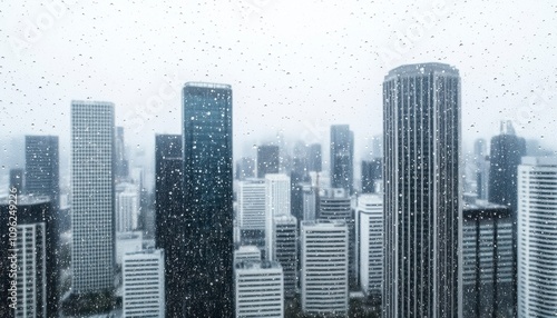 Rainy city skyline view through window.