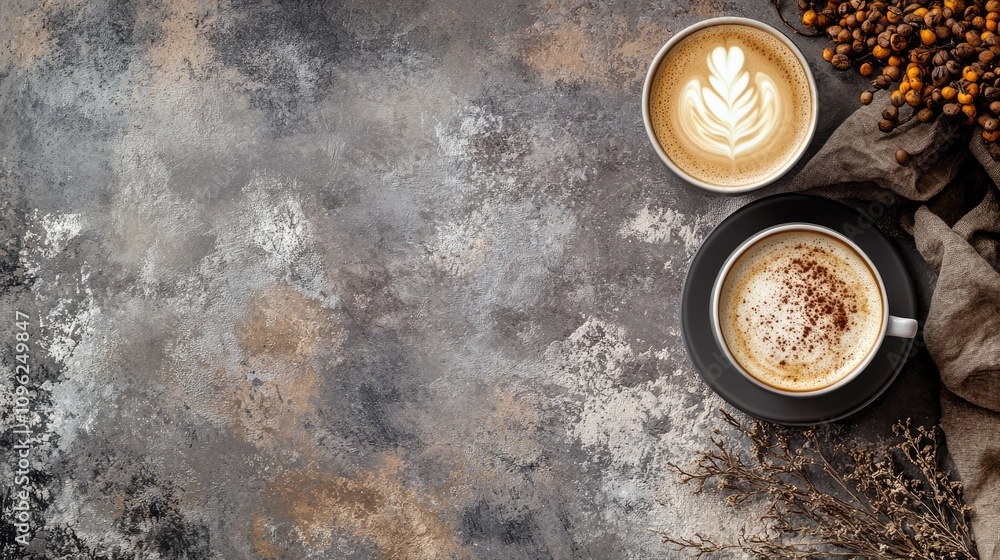 Cappuccino served in a black cup on a textured gray and brown tabletop, complemented by a second cup, with plenty of surrounding copy space for text or branding. Cappuccino served in a black cup on a textured gray and brown tabletop, complemented by a second cup, with plenty of surrounding copy space for text or branding.