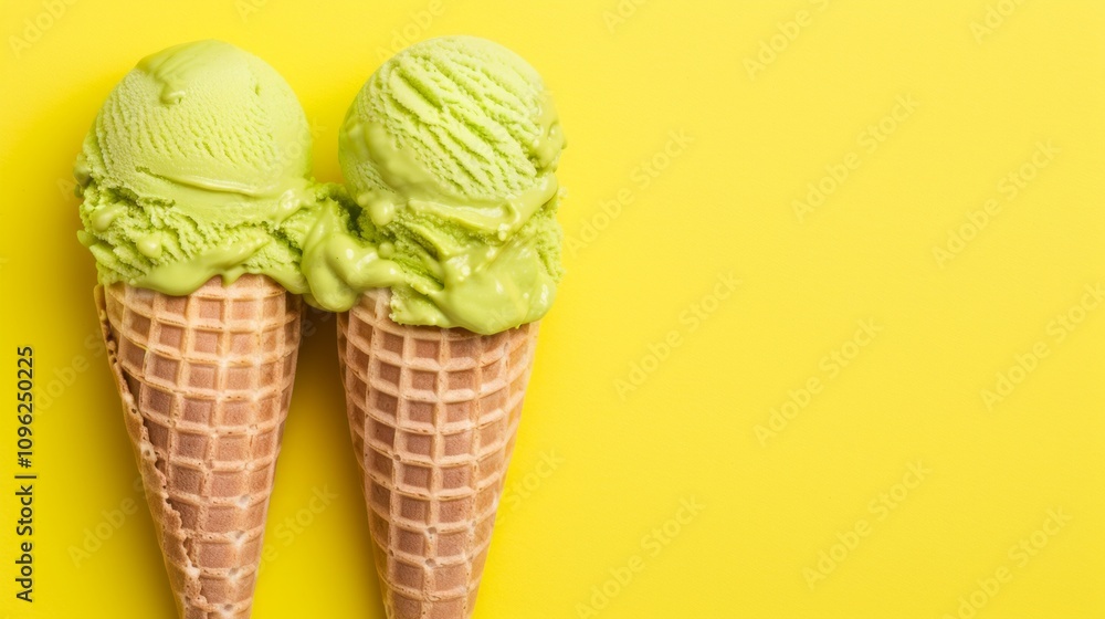 Two green ice cream cones on a bright yellow background. Two green ice cream cones on a bright yellow background.