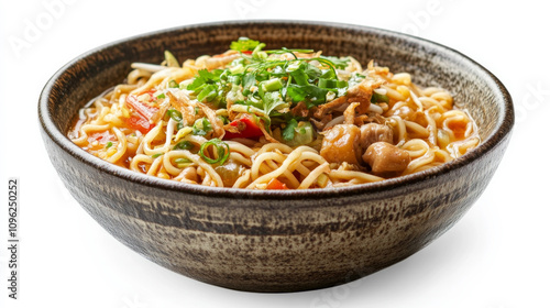 a warm and flavorful Indonesian noodle soup dish, served in a rustic bowl, AI Generative