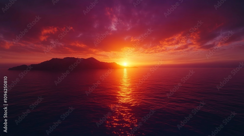 Vibrant sunset over a tranquil ocean and silhouetted island. Vibrant sunset over a tranquil ocean and silhouetted island.