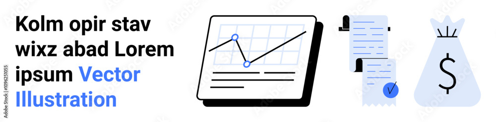 Graph chart on tablet, documents with checkmark, money bag icon with dollar sign. Ideal for financial reports, business analytics, investment strategy, economic planning, profitability assessment Graph chart on tablet, documents with checkmark, money bag icon with dollar sign. Ideal for financial reports, business analytics, investment strategy, economic planning, profitability assessment