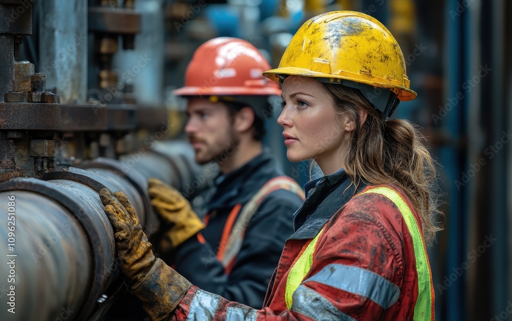 A Woman Petroleum Engineer in Action: Inspecting Oil and Gas Pipelines at an Industrial Refinery, Focused and Determined, Showing Expertise and Commitment to Safety A Woman Petroleum Engineer in Action: Inspecting Oil and Gas Pipelines at an Industrial Refinery, Focused and Determined, Showing Expertise and Commitment to Safety
