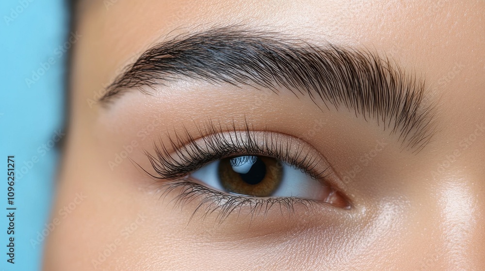 Naklejka premium This close-up captures the detail of a woman's brown eye, highlighting the natural curvature of her eyelashes and perfectly shaped eyebrows. The soft blue background enhances the eye's features