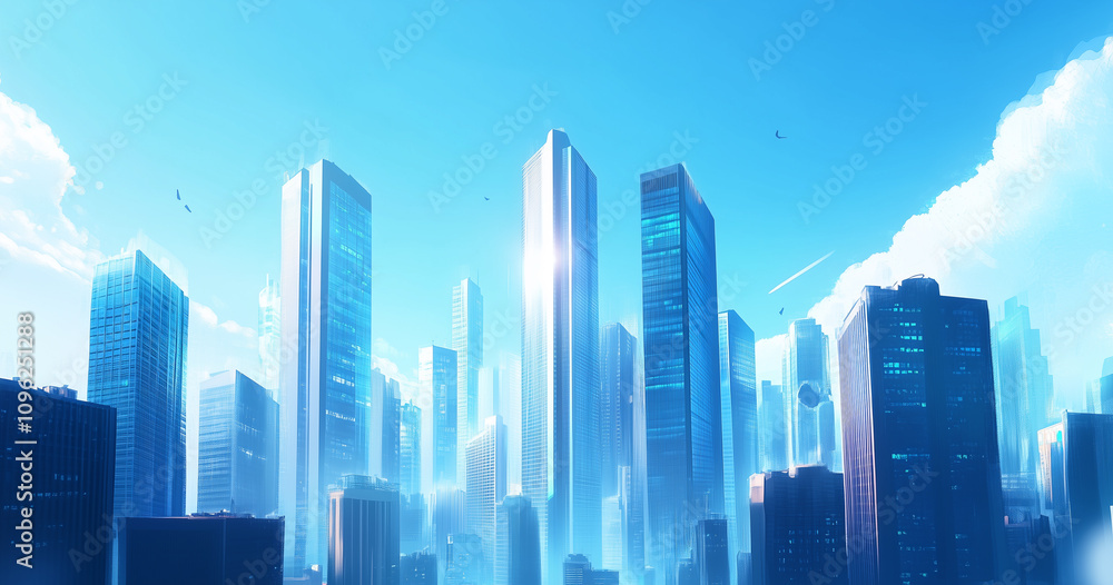 Fototapeta premium Modern City Skyline with CBD Office Buildings - Drone View and Clear Blue Sky