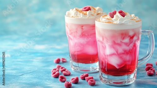 Two tall glasses filled with vibrant pink raspberry drinks sit on a blue surface, topped with whipped cream and decorative sprinkles, inviting a refreshing treat