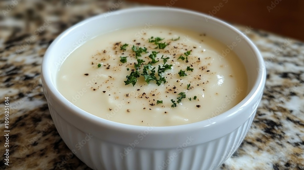 Creamy white potato soup garnished with parsley and black pepper in a white bowl, ideal for vegetarian meals and comforting recipes Creamy white potato soup garnished with parsley and black pepper in a white bowl, ideal for vegetarian meals and comforting recipes