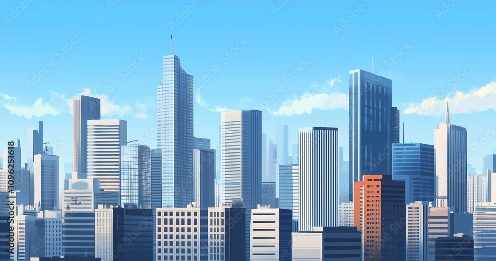 Obraz premium Modern Skyline with High-Rise Office Buildings under Blue Sky