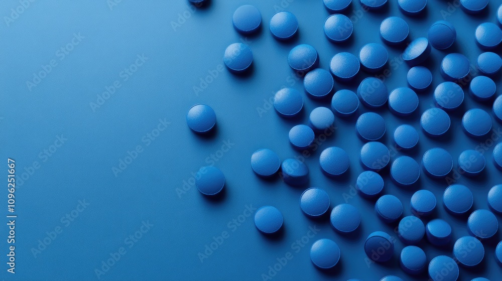 Blue pills scattered across a smooth blue surface, creating a serene composition that provides ample space for personalized messaging or branding opportunities. Blue pills scattered across a smooth blue surface, creating a serene composition that provides ample space for personalized messaging or branding opportunities.