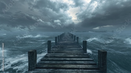 A weathered wooden pier extends into a stormy ocean under a dramatic overcast sky, creating an atmosphere of contemplation and adventure amidst the churning waves. photo