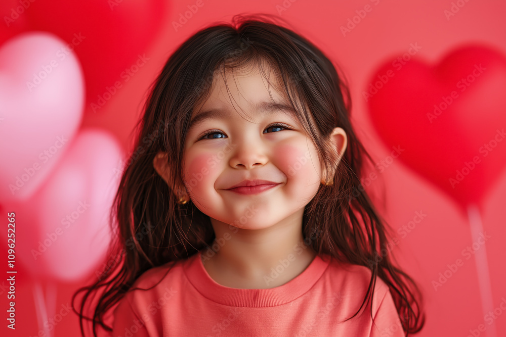Smiling Young Girl with Heart Balloons Celebrating Valentine’s Day Indoors on a Red Background Smiling Young Girl with Heart Balloons Celebrating Valentine’s Day Indoors on a Red Background