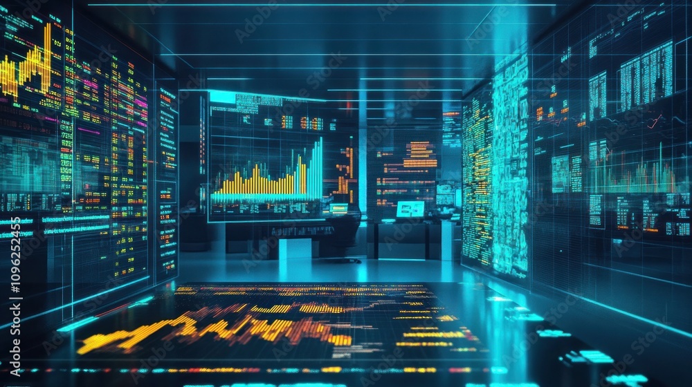 A futuristic stock trading hub, holographic data projections surrounding the room, neon blue and green hues, high-tech atmosphere, A futuristic stock trading hub, holographic data projections surrounding the room, neon blue and green hues, high-tech atmosphere,