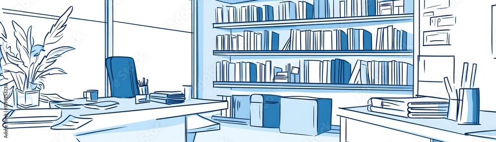 A minimalist office space featuring bookshelves, a desk, and a plant. A minimalist office space featuring bookshelves, a desk, and a plant.