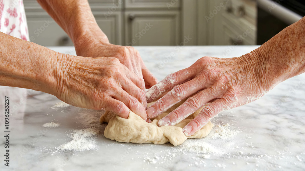 image focusing on the hands kneading dough on a floured wooden countertop image focusing on the hands kneading dough on a floured wooden countertop