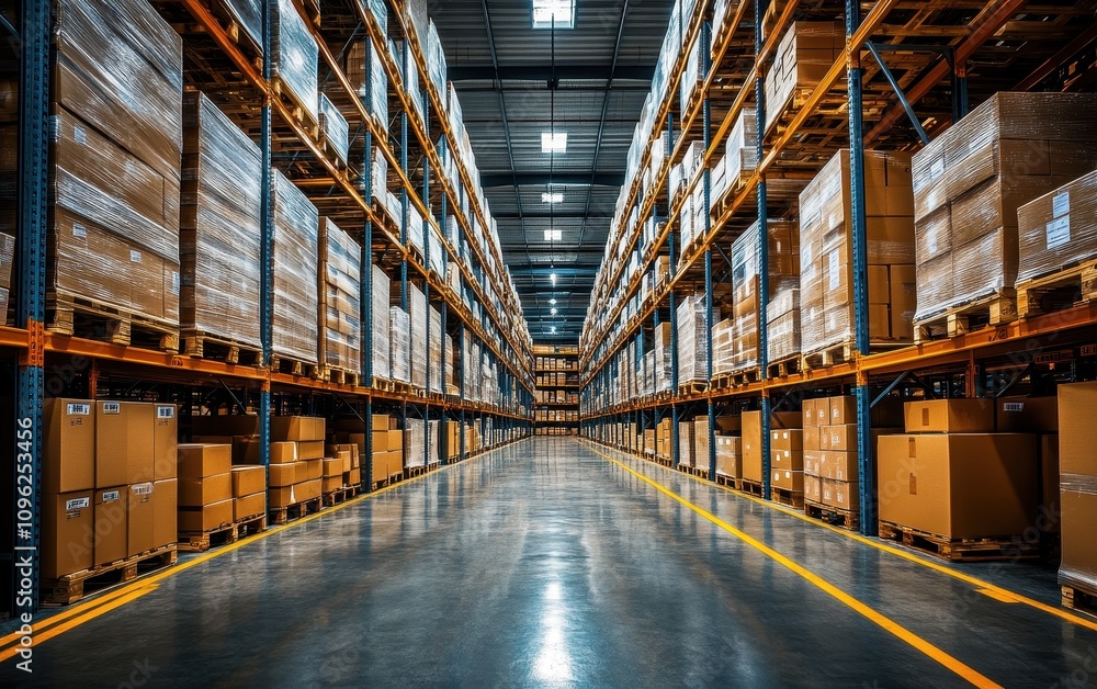 Vast Warehouse Interior: Rows of High Shelving Packed with Cardboard Boxes, Industrial Logistics and Storage Facility Vast Warehouse Interior: Rows of High Shelving Packed with Cardboard Boxes, Industrial Logistics and Storage Facility