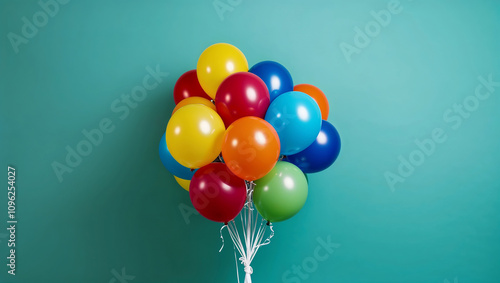 Cluster of colorful balloons against a minimalist teal backdrop. photo