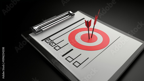 Minimalistic concept of achieving goals with darts hitting the bullseye on a clipboard checklist photo