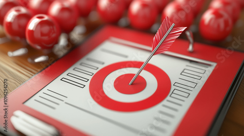 Closeup of a dart hitting the bullseye on a red target board surrounded by matching spheres photo