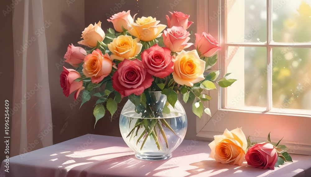 Obraz premium Watercolor painting of a fresh rose arrangement in crimson, peach, yellow roses in a crystal vase