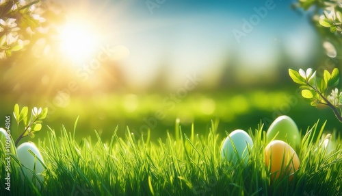a sunny spring easter morning background with a fresh green grass foreground