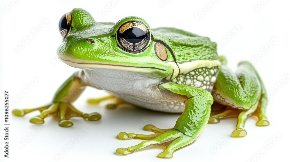 Obraz premium A vibrant green frog sits on a smooth white surface, showcasing its glossy skin and detailed features under bright lighting. The frog appears calm and alert