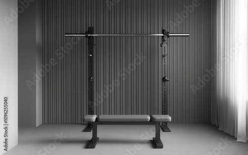 Modern Minimalist Home Gym Setup: Sleek Black Weightlifting Rack with Bench and Barbell against a Textured Gray Wall, Perfect for Strength Training and Fitness Enthusiasts photo