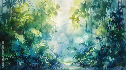 A vibrant, lush jungle scene filled with greenery and soft light, evoking a sense of tranquility and nature.