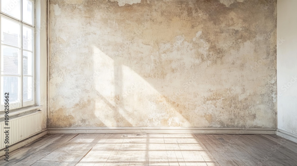 Interior of a room with a bare wall after wallpaper removal, showcasing a worn and textured backdrop with natural light casting shadows on the floor, highlighting the grunge aesthetic. Interior of a room with a bare wall after wallpaper removal, showcasing a worn and textured backdrop with natural light casting shadows on the floor, highlighting the grunge aesthetic.