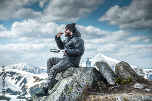 Young hiker with beard eating meals on top of mountain while taking break. Concept of escape and solitude in nature photo