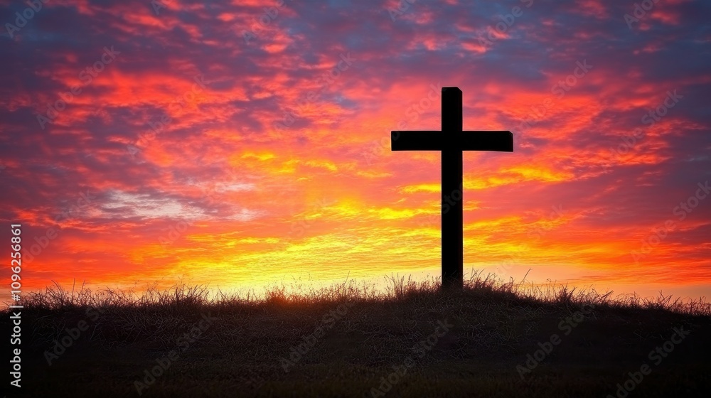 A dark cross stands prominently on a hill as the sky transforms with shades of orange, pink, and purple during sunset, creating a serene atmosphere in the evening A dark cross stands prominently on a hill as the sky transforms with shades of orange, pink, and purple during sunset, creating a serene atmosphere in the evening