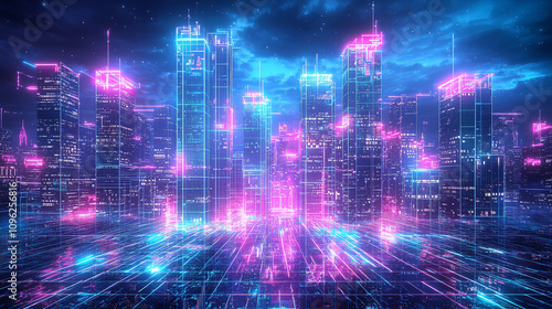 Neon cityscape with blue and pink glowing lines..