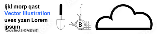 Shovel, blockchain diagram with Bitcoin symbol, and cloud icon in black and white. Ideal for technology, cryptocurrency, digital finance, data storage, cloud computing, fintech, educational content
