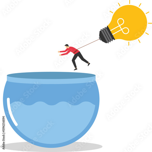 free with creativity. man floating with light bulb balloon coming out of fish tank. business concept
