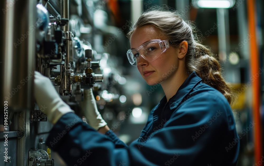 Precision and Determination in Industrial Setting, Inspecting Complex Machinery, A Portrait of a Woman in STEM, Working with Industrial Equipment, High-Tech Manufacturing Facility Precision and Determination in Industrial Setting, Inspecting Complex Machinery, A Portrait of a Woman in STEM, Working with Industrial Equipment, High-Tech Manufacturing Facility