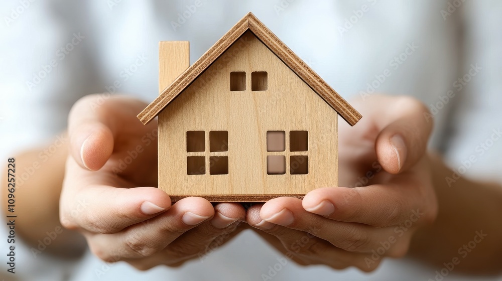 A wooden model house is carefully held in hands, symbolizing aspirations of home ownership and creating future memories. This moment captures warmth and hope A wooden model house is carefully held in hands, symbolizing aspirations of home ownership and creating future memories. This moment captures warmth and hope