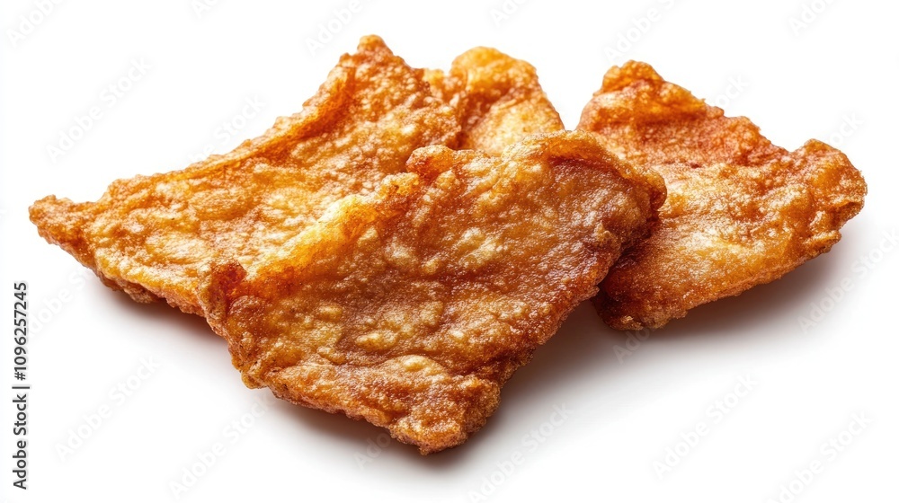Crispy fried fish slices ideal for Thai dishes, showcasing a golden-brown texture against a clean white background. Perfect for culinary presentations. Crispy fried fish slices ideal for Thai dishes, showcasing a golden-brown texture against a clean white background. Perfect for culinary presentations.