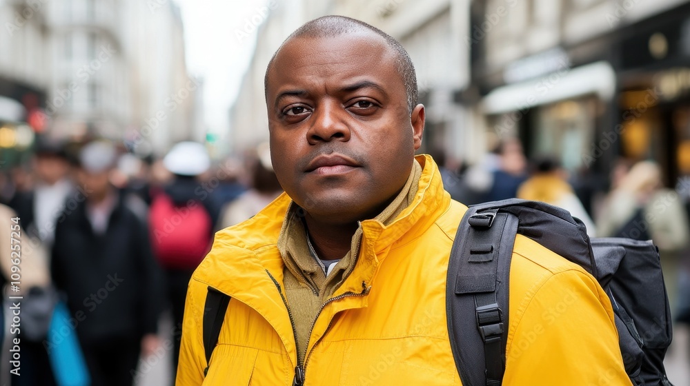 A man wearing a bright yellow jacket stands with a serious expression amid a bustling crowd on a busy city street. The background shows pedestrians and shops A man wearing a bright yellow jacket stands with a serious expression amid a bustling crowd on a busy city street. The background shows pedestrians and shops