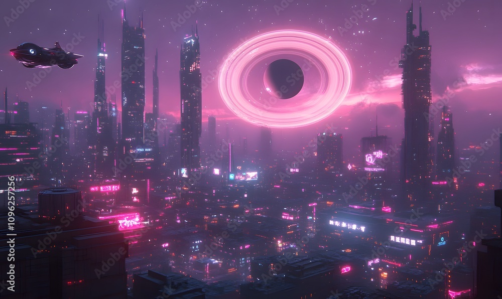Futuristic Cityscape with Saturn, A high-tech city with sleek, neon-lit buildings and flying vehicle Futuristic Cityscape with Saturn, A high-tech city with sleek, neon-lit buildings and flying vehicle