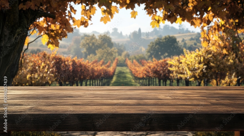 Elegant wooden table foreground with a serene autumn vineyard backdrop, showcasing vibrant fall foliage and expansive space ideal for wine product displays and tasting themes. Elegant wooden table foreground with a serene autumn vineyard backdrop, showcasing vibrant fall foliage and expansive space ideal for wine product displays and tasting themes.
