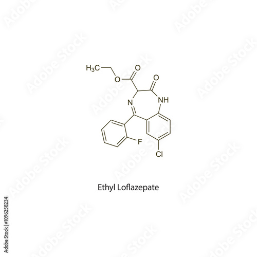 Ethyl Loflazepate flat skeletal molecular structure Benzodiazepine drug used in Anxiety treatment. Vector illustration scientific diagram.