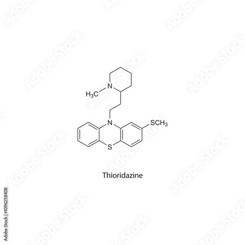 Thioridazine flat skeletal molecular structure Antipsychotic drug used in schizophrenia treatment. Vector illustration scientific diagram.