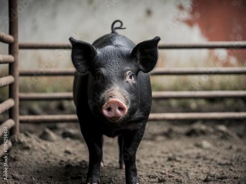 A black pig stands in a muddy pen and looks directly at the camera.