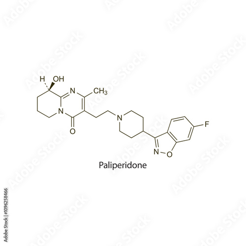 Paliperidone flat skeletal molecular structure Atypical Antipsychotic drug used in schizophrenia treatment. Vector illustration scientific diagram.