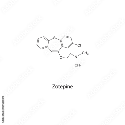 Zotepine flat skeletal molecular structure Atypical Antipsychotic drug used in schizophrenia treatment. Vector illustration scientific diagram.