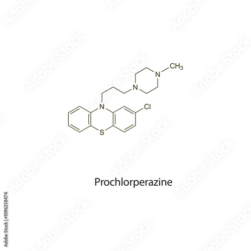 Prochlorperazine flat skeletal molecular structure Antipsychotic drug used in schizophrenia treatment. Vector illustration scientific diagram.