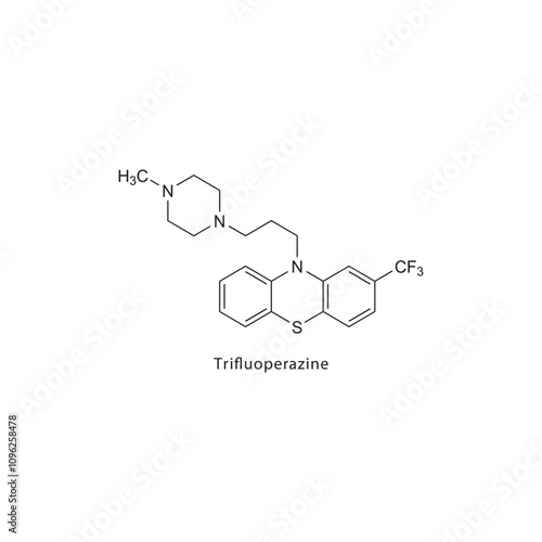 Trifluoperazine flat skeletal molecular structure Antipsychotic drug used in Schizophrenia, mania treatment. Vector illustration scientific diagram.