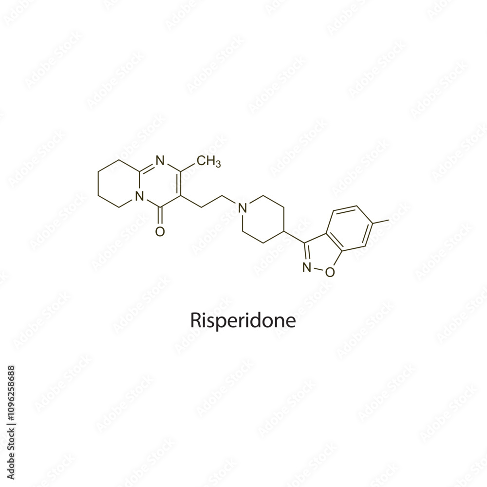 Risperidone flat skeletal molecular structure Atypical Antipsychotic drug used in schizophrenia treatment. Vector illustration scientific diagram. Risperidone flat skeletal molecular structure Atypical Antipsychotic drug used in schizophrenia treatment. Vector illustration scientific diagram.